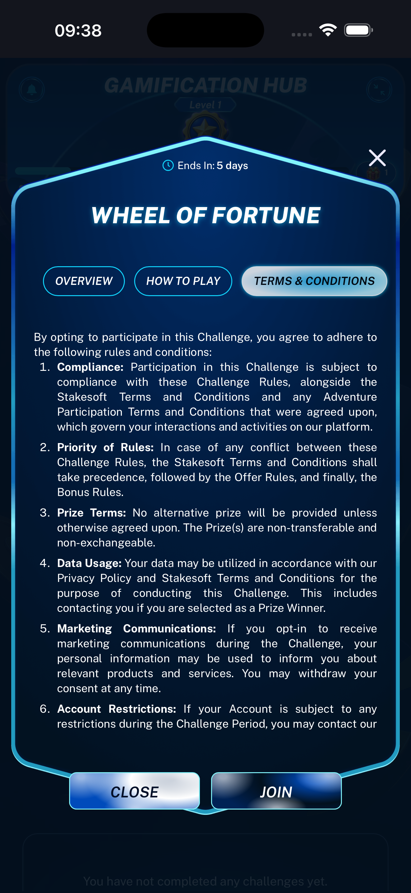 Challenge terms and conditions displayed on a mobile phone